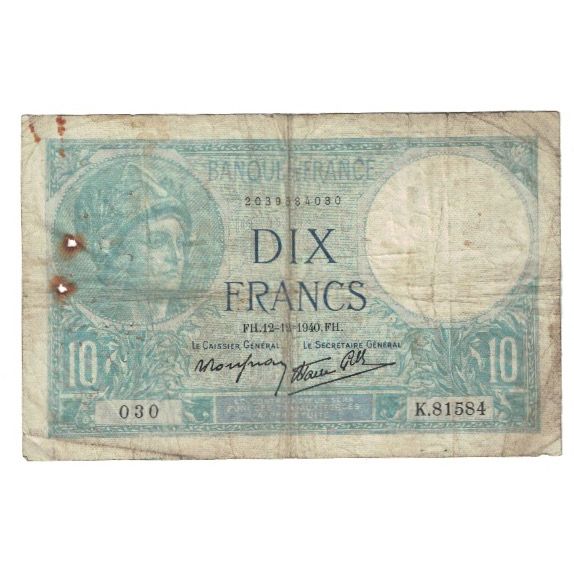France, 10 Francs, Minerve, 1940, 1940-12-12, VF(20-25), Fayette:07.24, KM:84