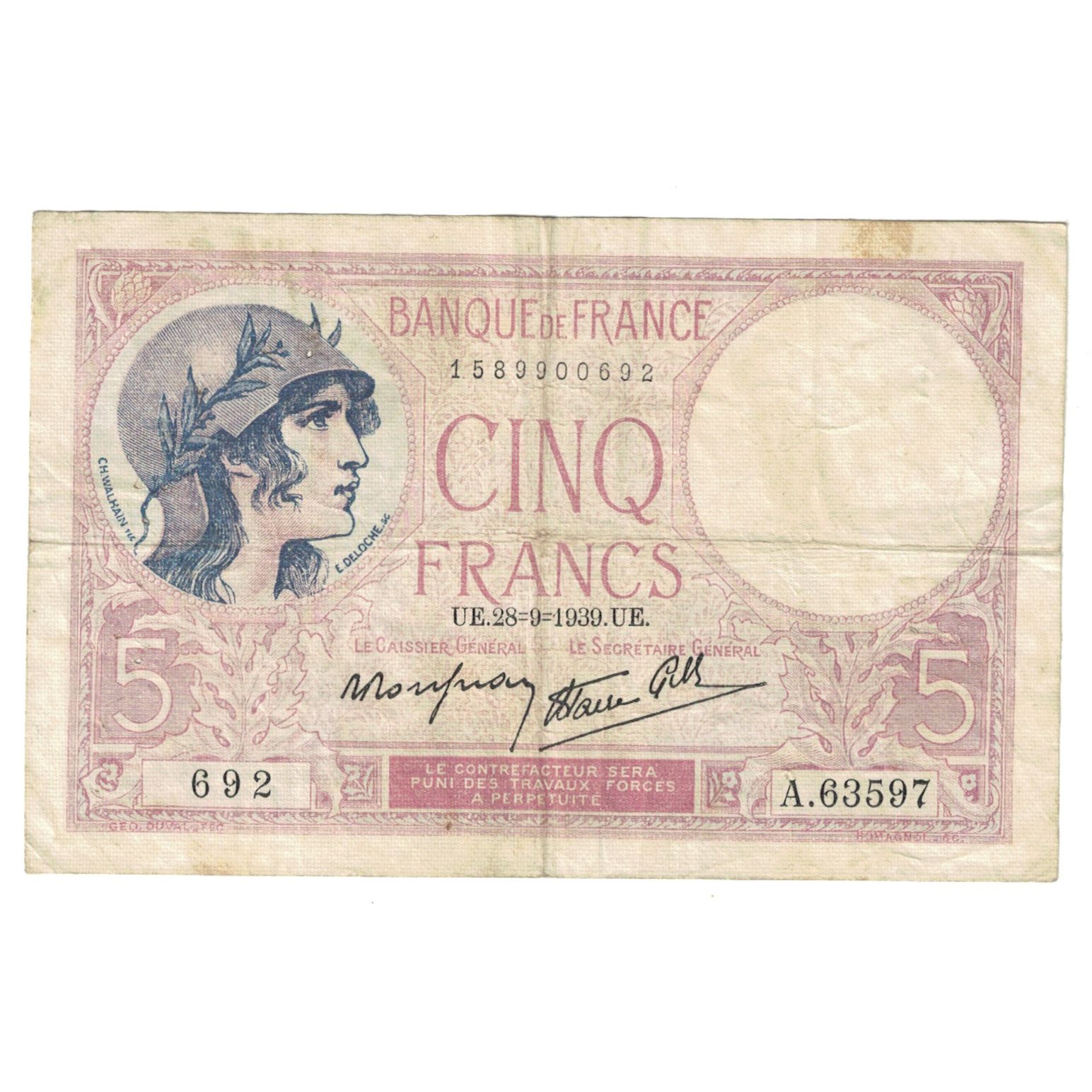 France, 5 Francs, Violet, 1939, A.63597, VF(30-35), Fayette:4.10, KM:83
