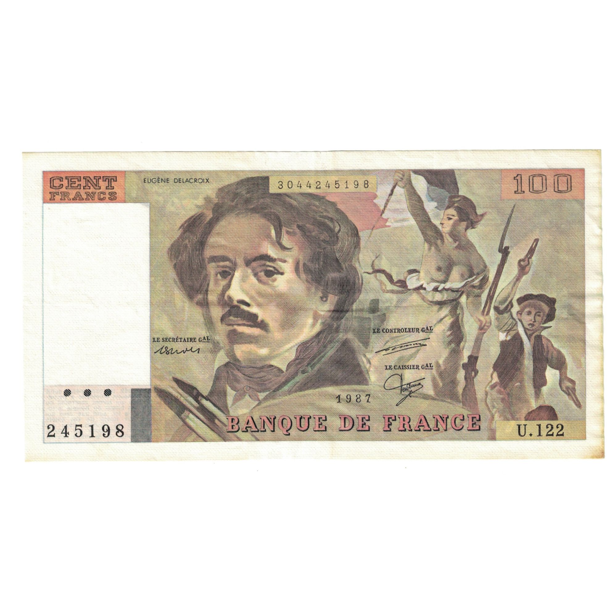 France, 100 Francs, Delacroix, 1987, U.122, AU(55-58), Fayette:69.11, KM:154c
