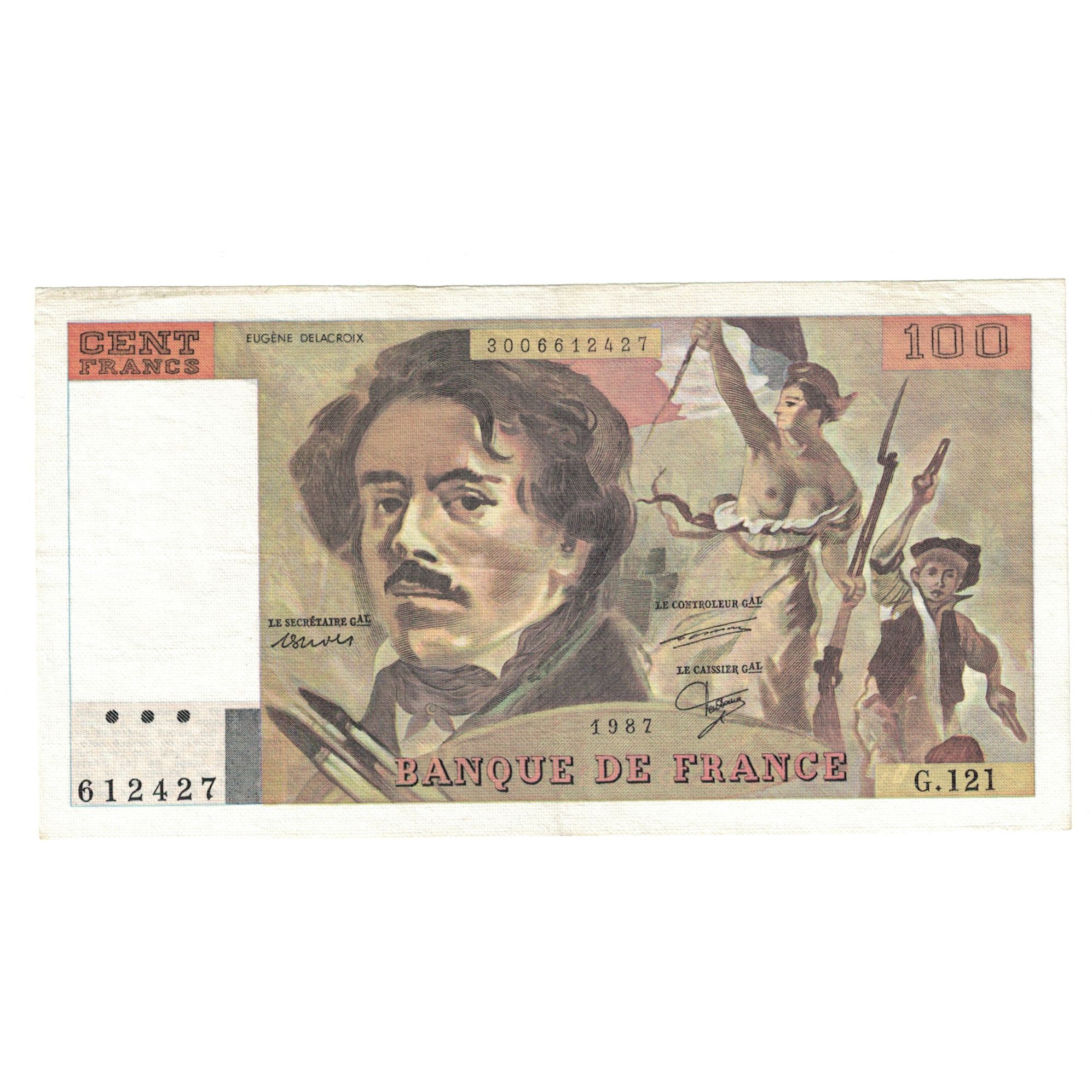 France, 100 Francs, Delacroix, 1987, G.121, AU(50-53), Fayette:69.11, KM:154c