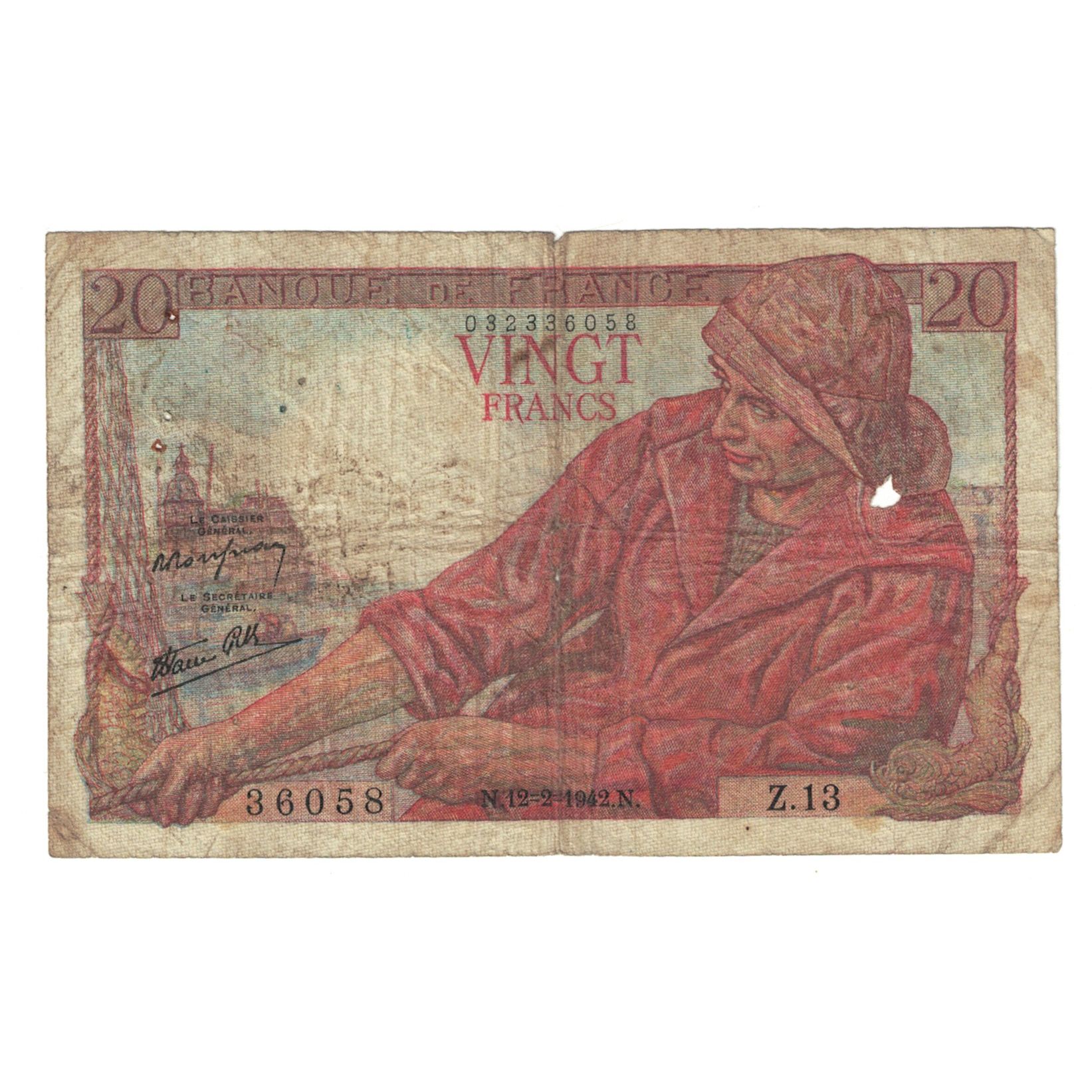 France, 20 Francs, Pêcheur, 1942, Z.13, VG(8-10), Fayette:13.1, KM:100a