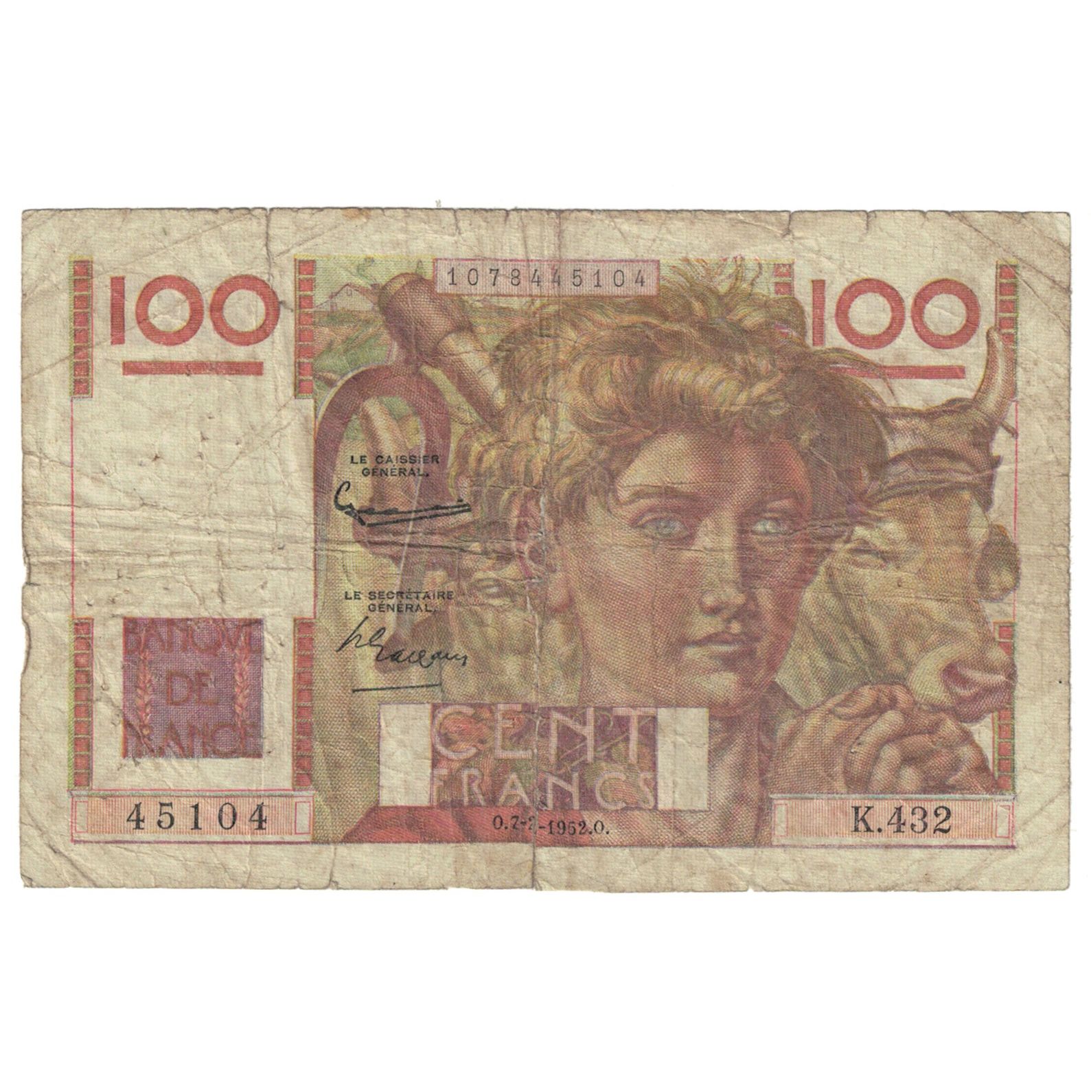 France, 100 Francs, Jeune Paysan, 1952, K.432, AG(1-3), Fayette:28.31, KM:128d