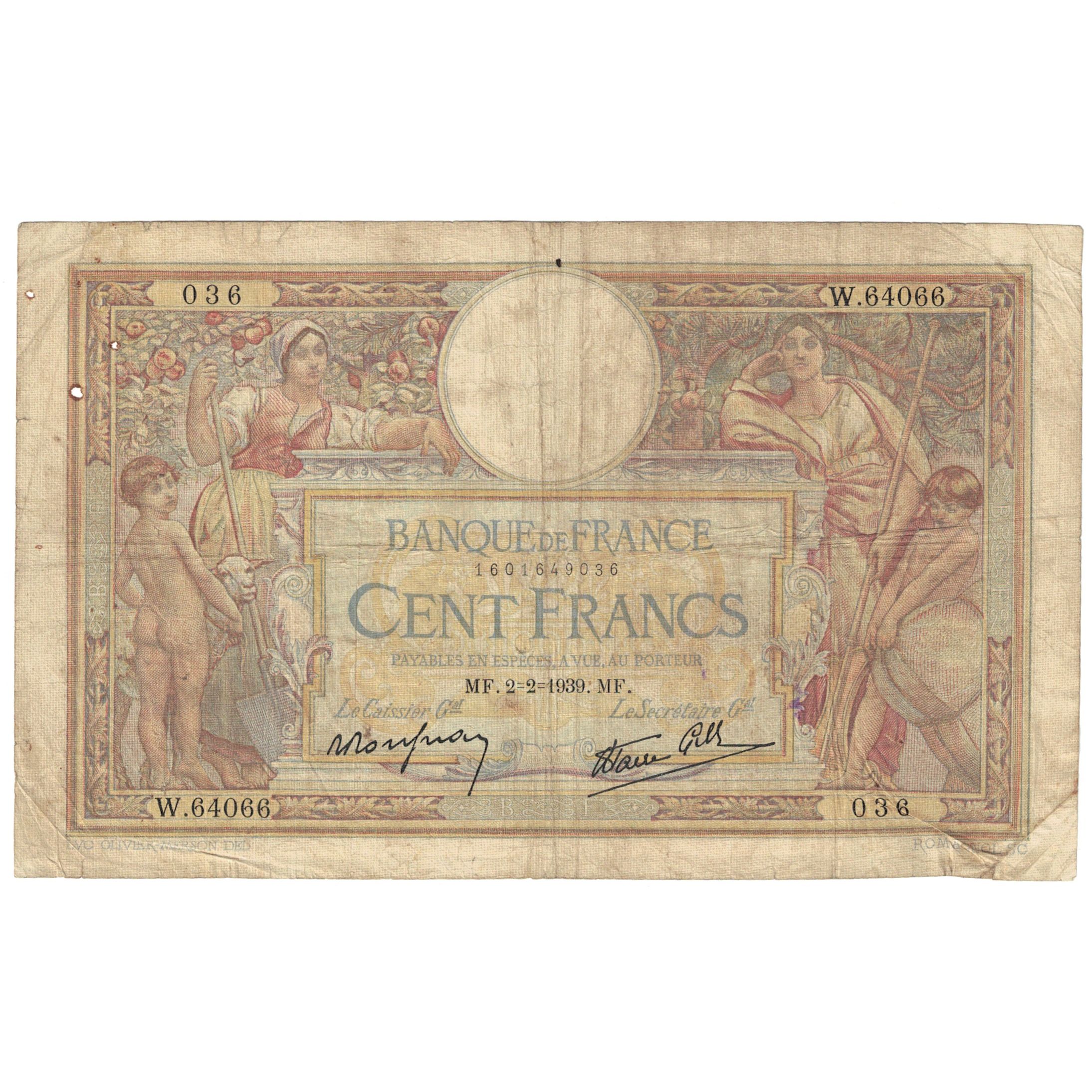 France, 100 Francs, Luc Olivier Merson, 1939, W.64066, F(12-15), Fayette:25.41