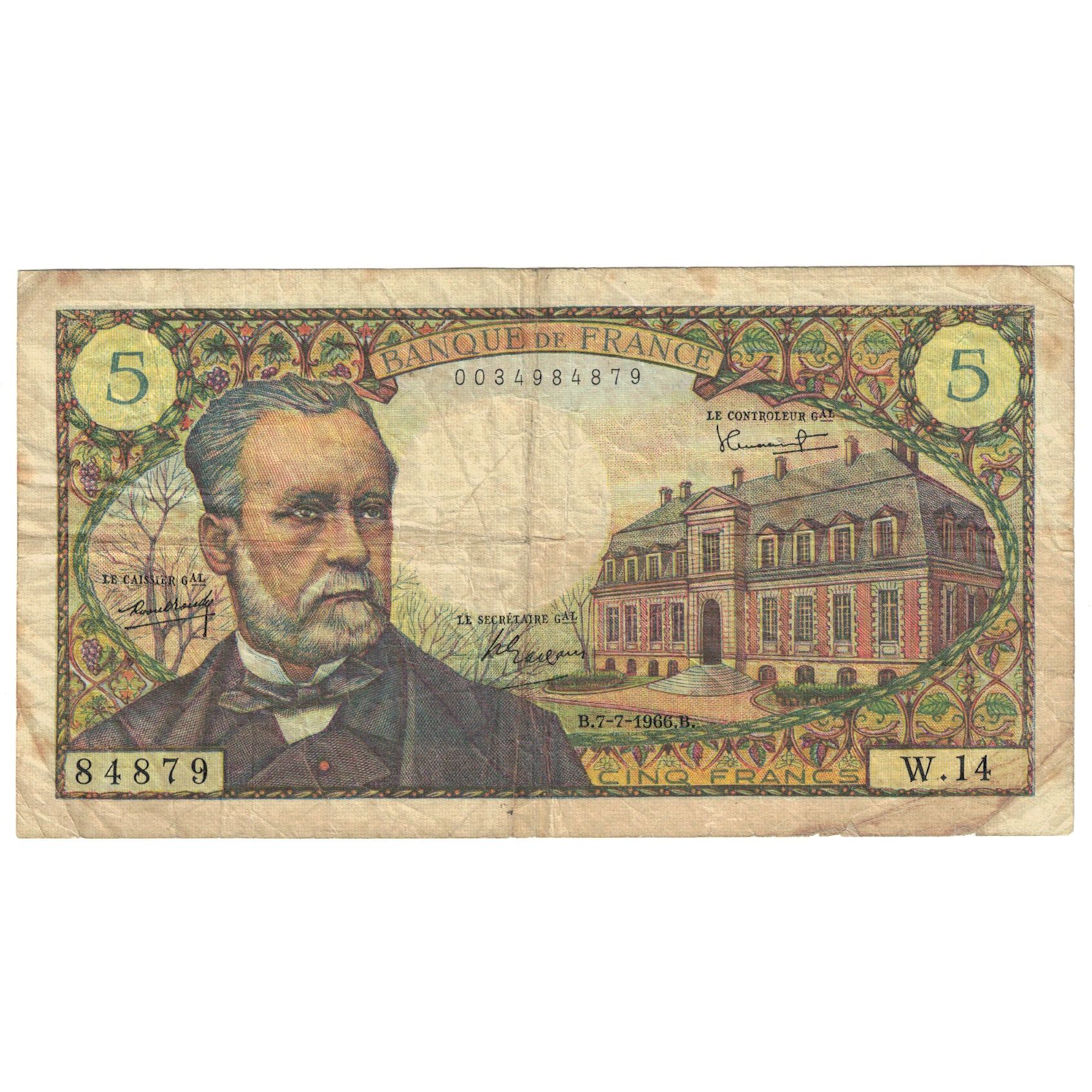 France, 5 Francs, Pasteur, 1966, W.14, VF(20-25), Fayette:61.2, KM:146a