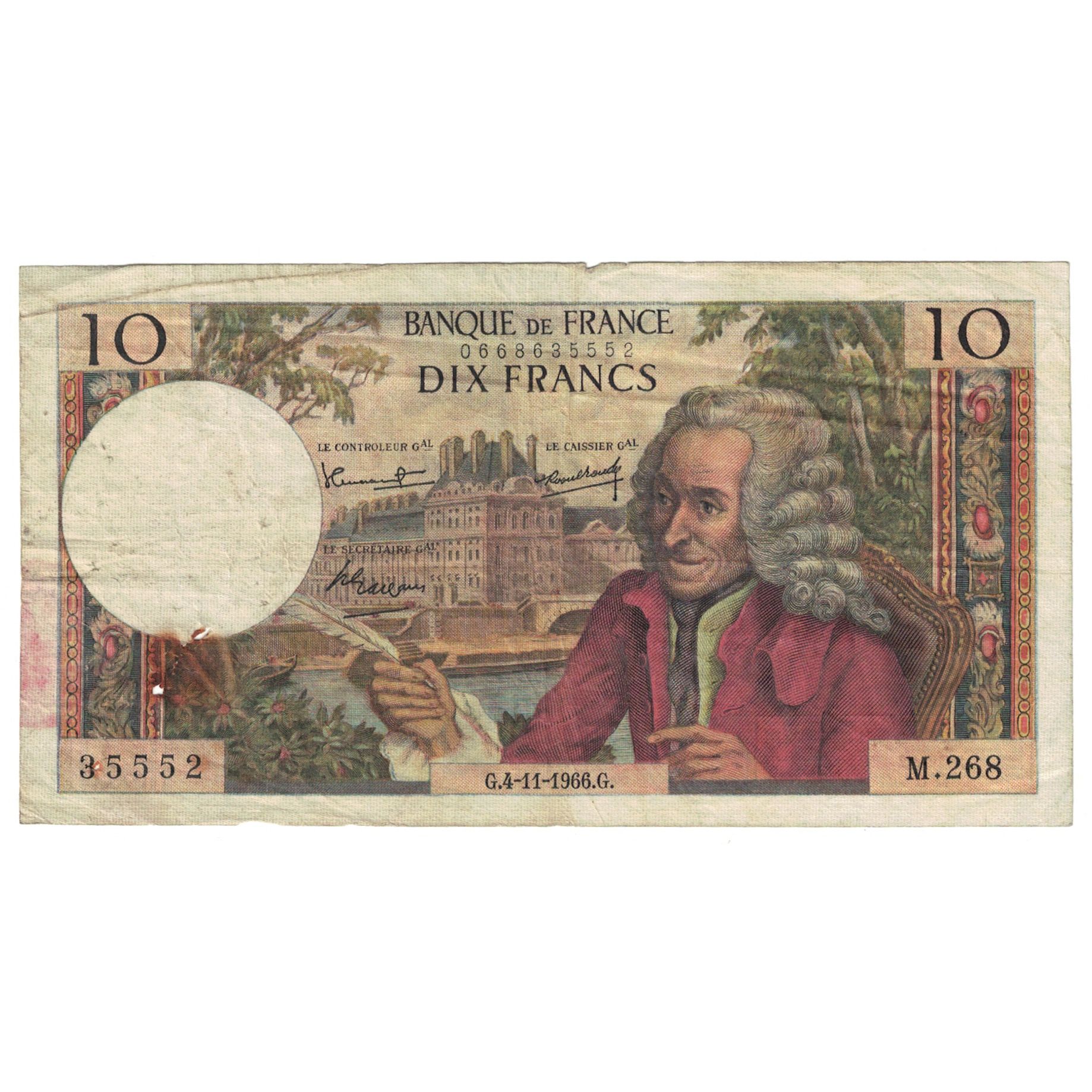 France, 10 Francs, Voltaire, 1966, M.268, VG(8-10), Fayette:62.23, KM:147b