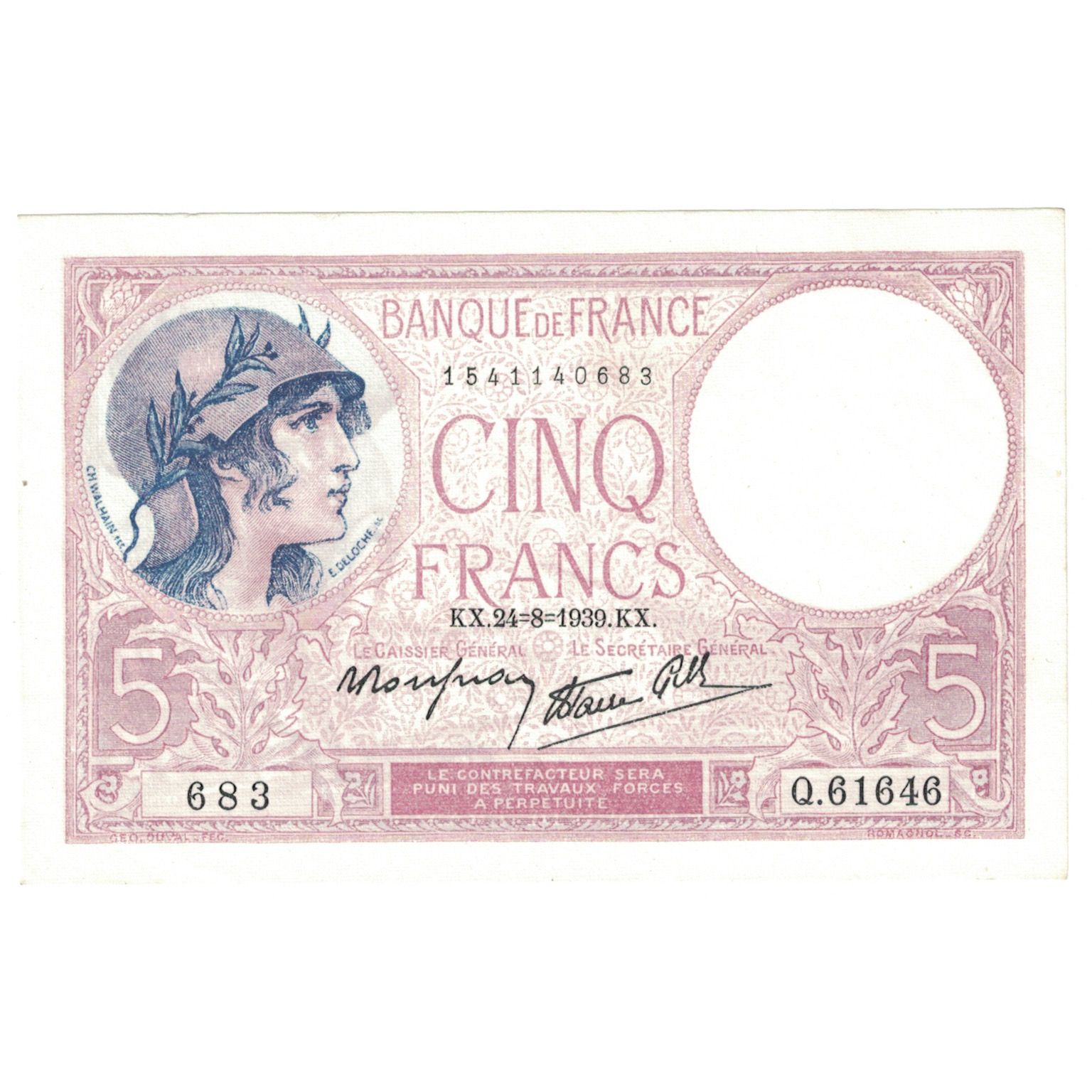 France, 5 Francs, Violet, 1939, Q.61646, UNC(64), Fayette:04.07, KM:83