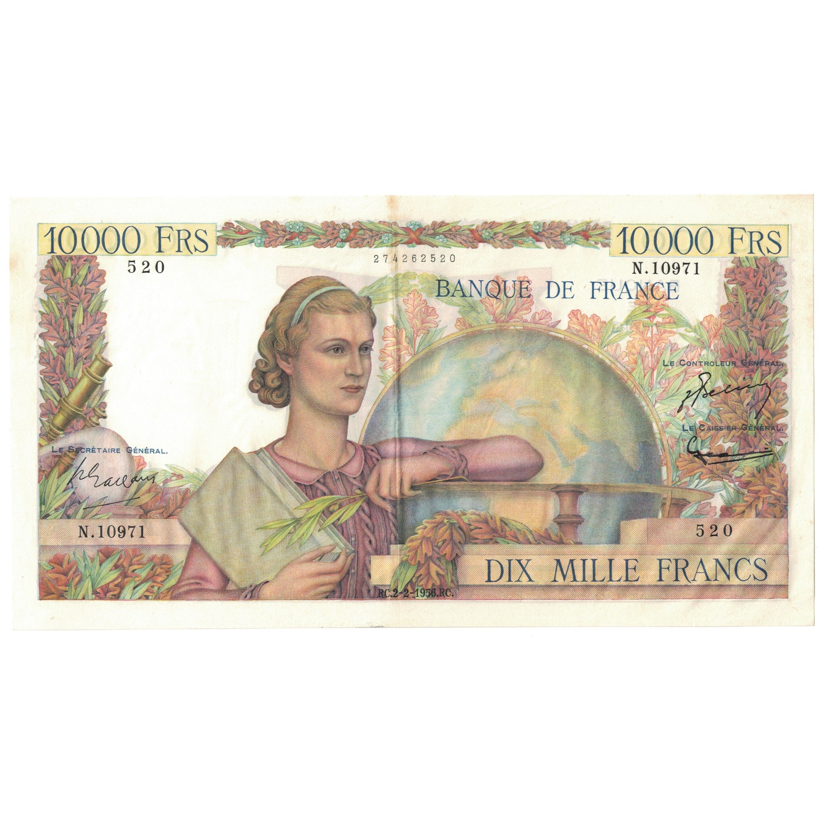 France, 10,000 Francs, Génie Français, 1956, N.10971, AU(55-58)