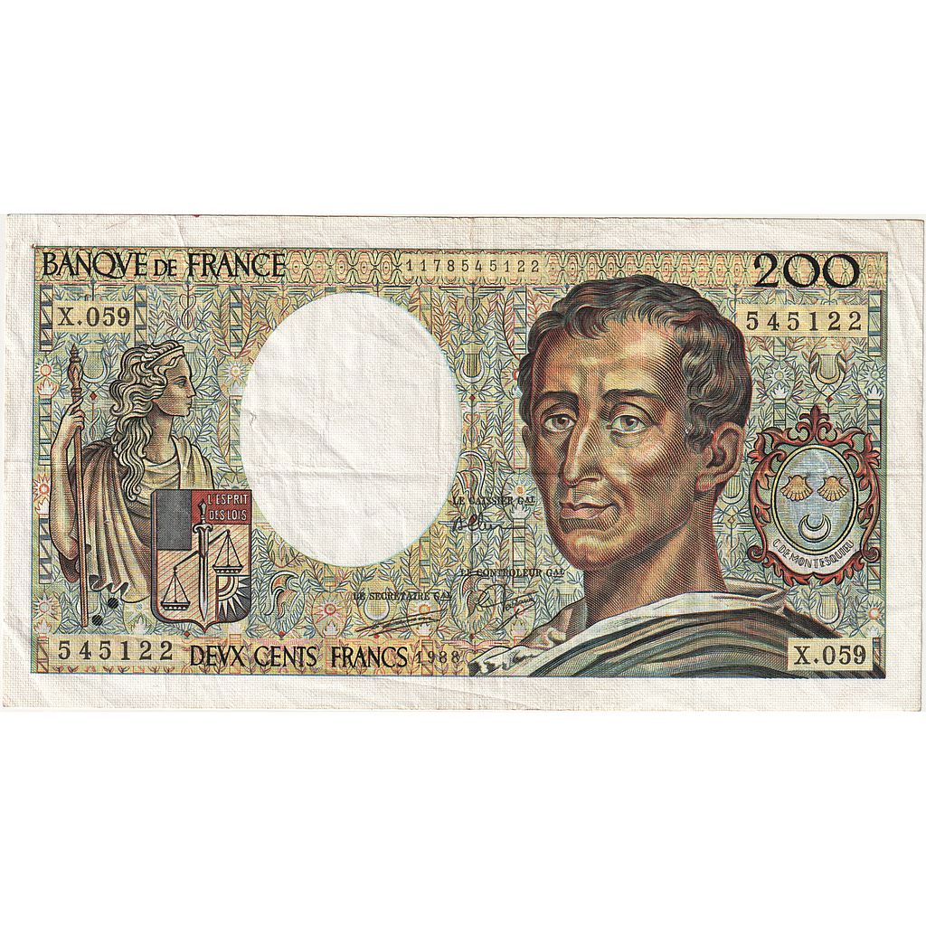 France, 200 Francs, Montesquieu, 1988, X.059, EF(40-45), Fayette:70.08, KM:155c