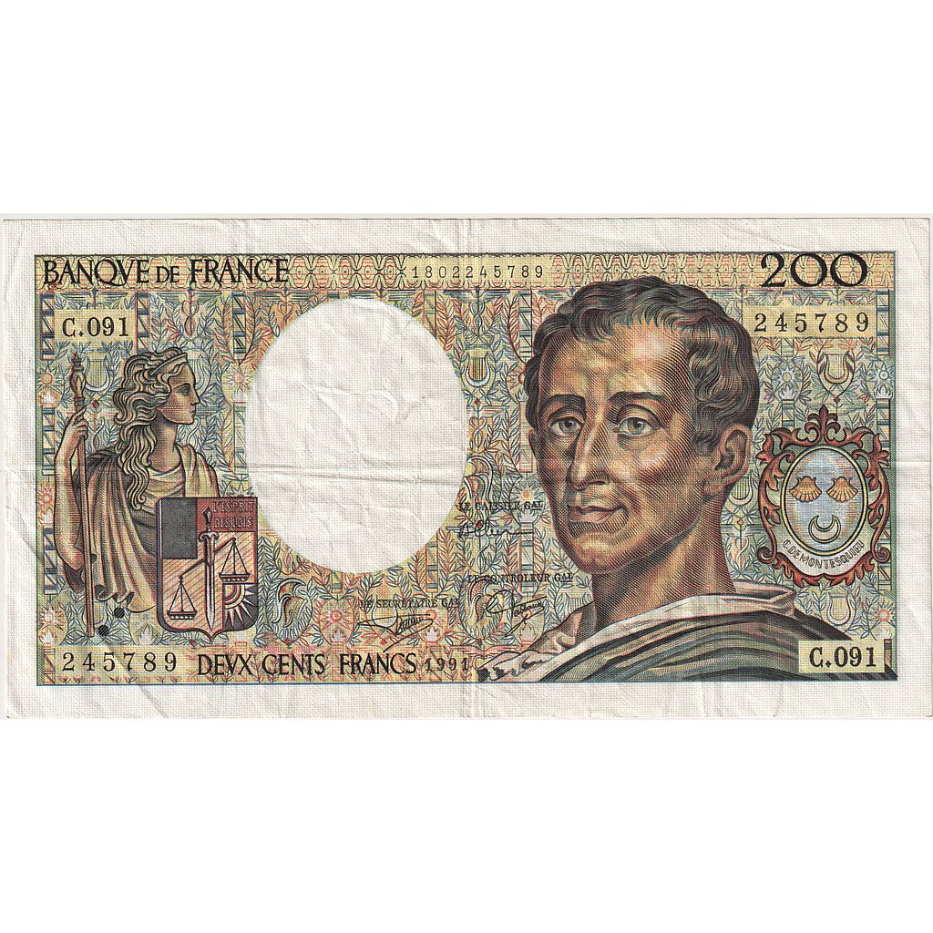 France, 200 Francs, Montesquieu, 1991, C.091, AU(50-53), Fayette:70.11, KM:155d