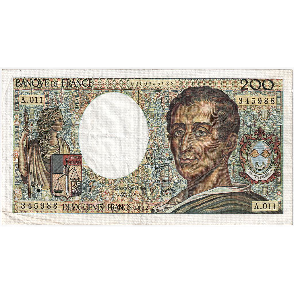 France, 200 Francs, Montesquieu, 1982, A.011, AU(50-53), Fayette:70.2, KM:155a
