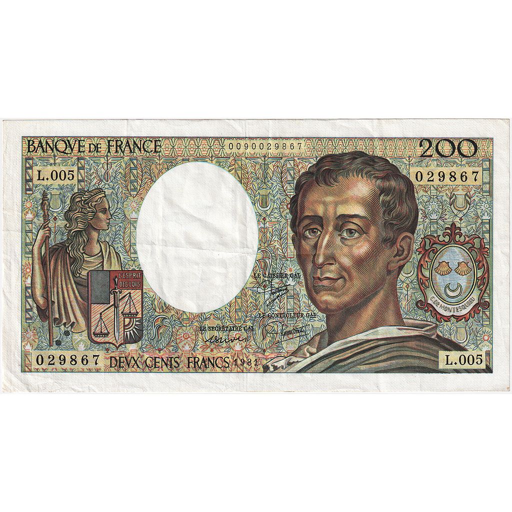France, 200 Francs, Montesquieu, 1981, L.005, AU(50-53), Fayette:70.01, KM:155a