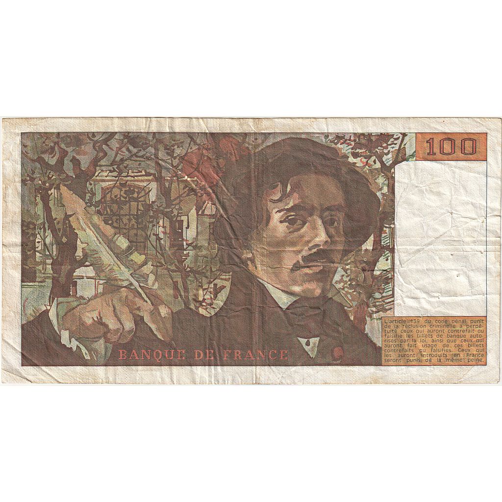 France, 100 Francs, Delacroix, 1982, P.55, VF(20-25), Fayette:69.06, KM:154b