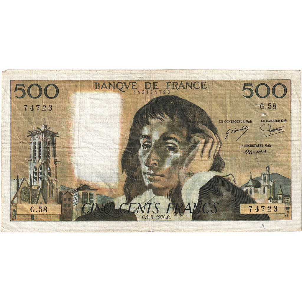 France, 500 Francs, Pascal, 1976, G.58, VF(30-35), Fayette:71.14, KM:156d