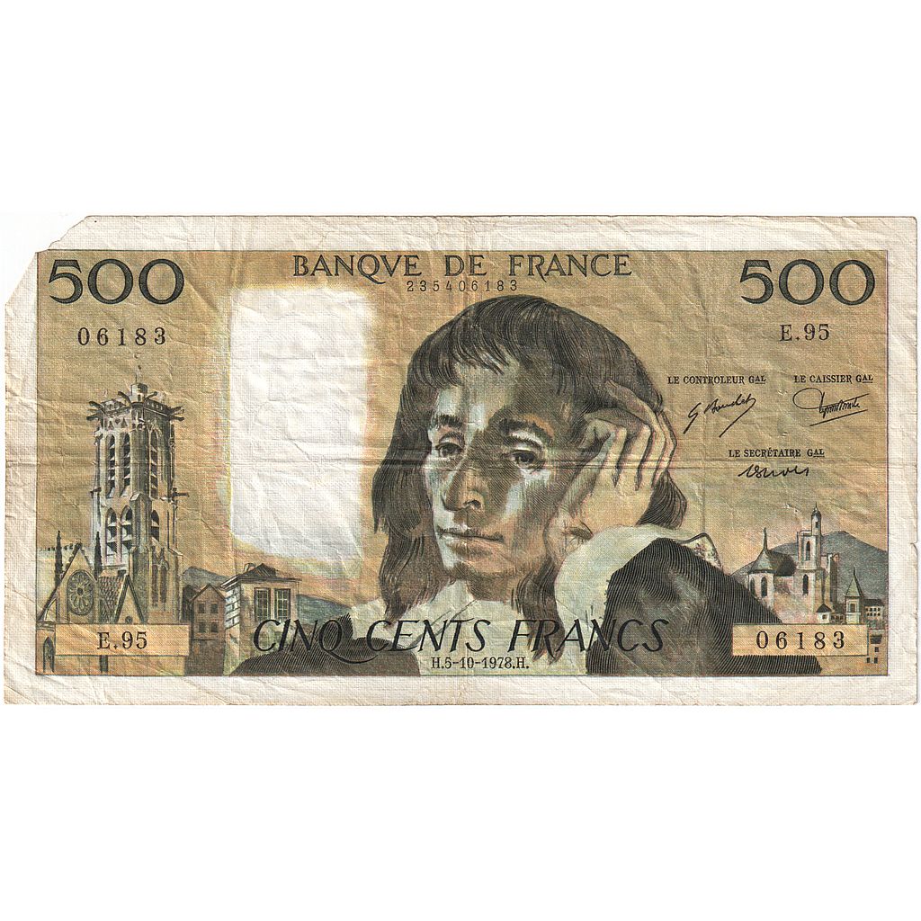 France, 500 Francs, Pascal, 1978, E.95, VF(20-25), Fayette:71.18, KM:156d