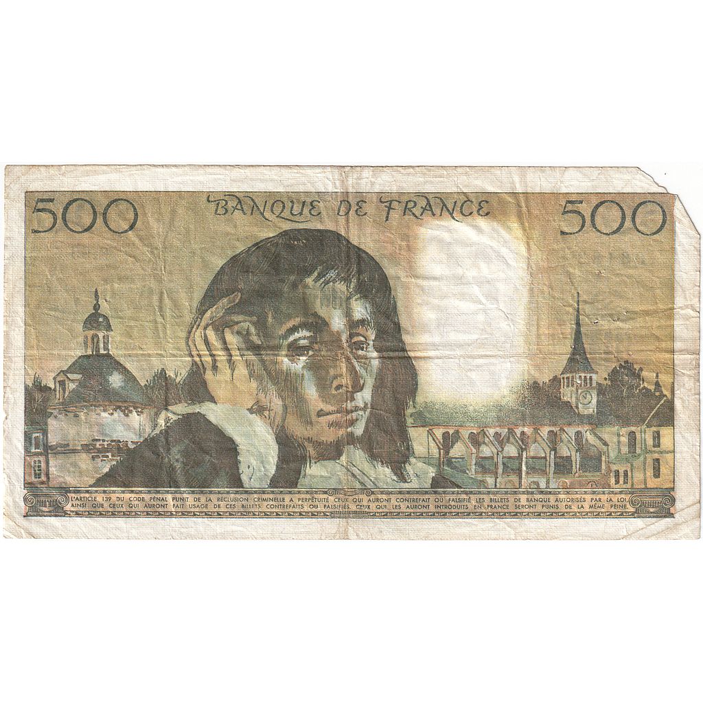 France, 500 Francs, Pascal, 1978, E.95, VF(20-25), Fayette:71.18, KM:156d