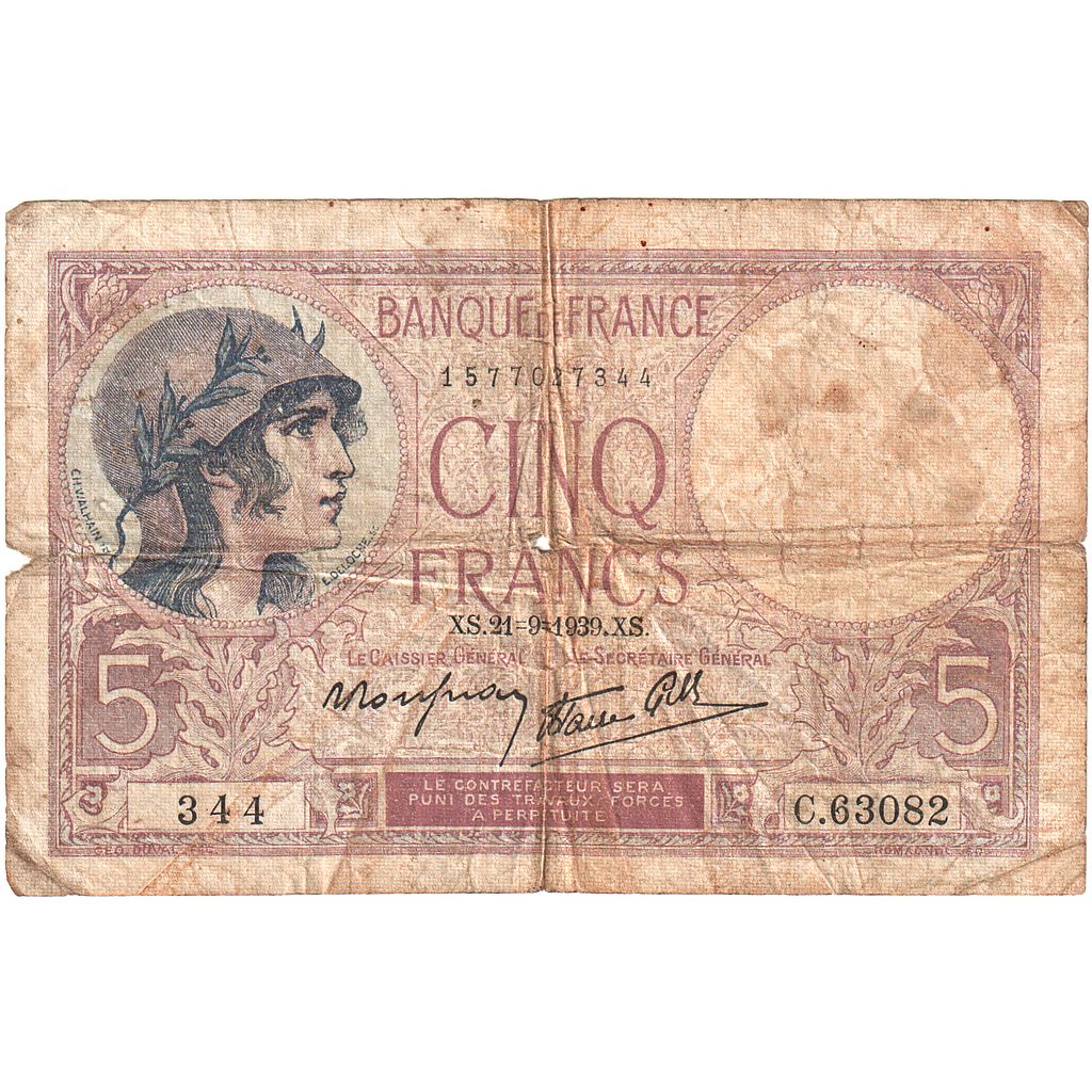 France, 5 Francs, Violet, 1939, C.63082, F(12-15), Fayette:04.09, KM:83