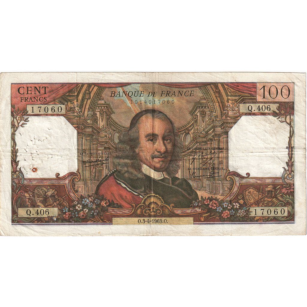 France, 100 Francs, Corneille, 1969, Q.406, VF(20-25), Fayette:65.26, KM:154g