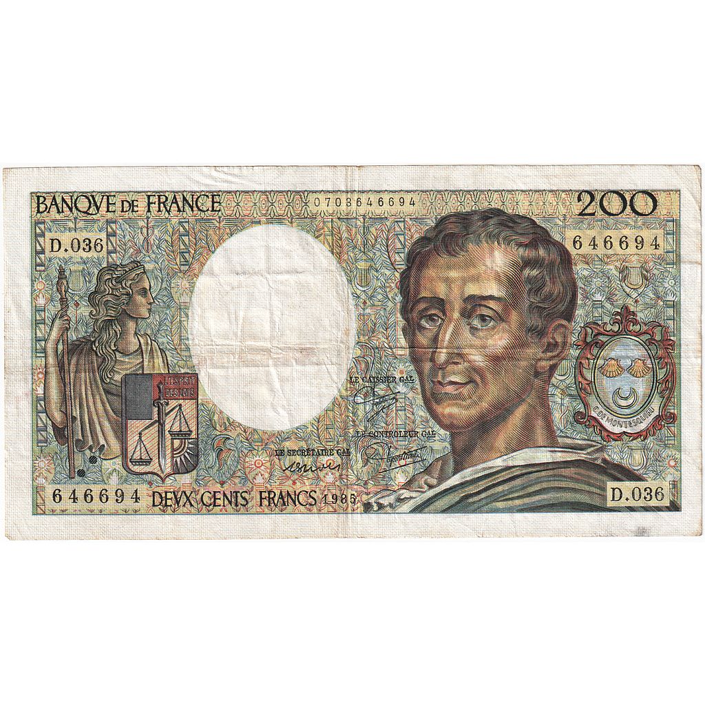 France, 200 Francs, Montesquieu, 1985, D.036, VF(30-35), Fayette:70.5, KM:155a