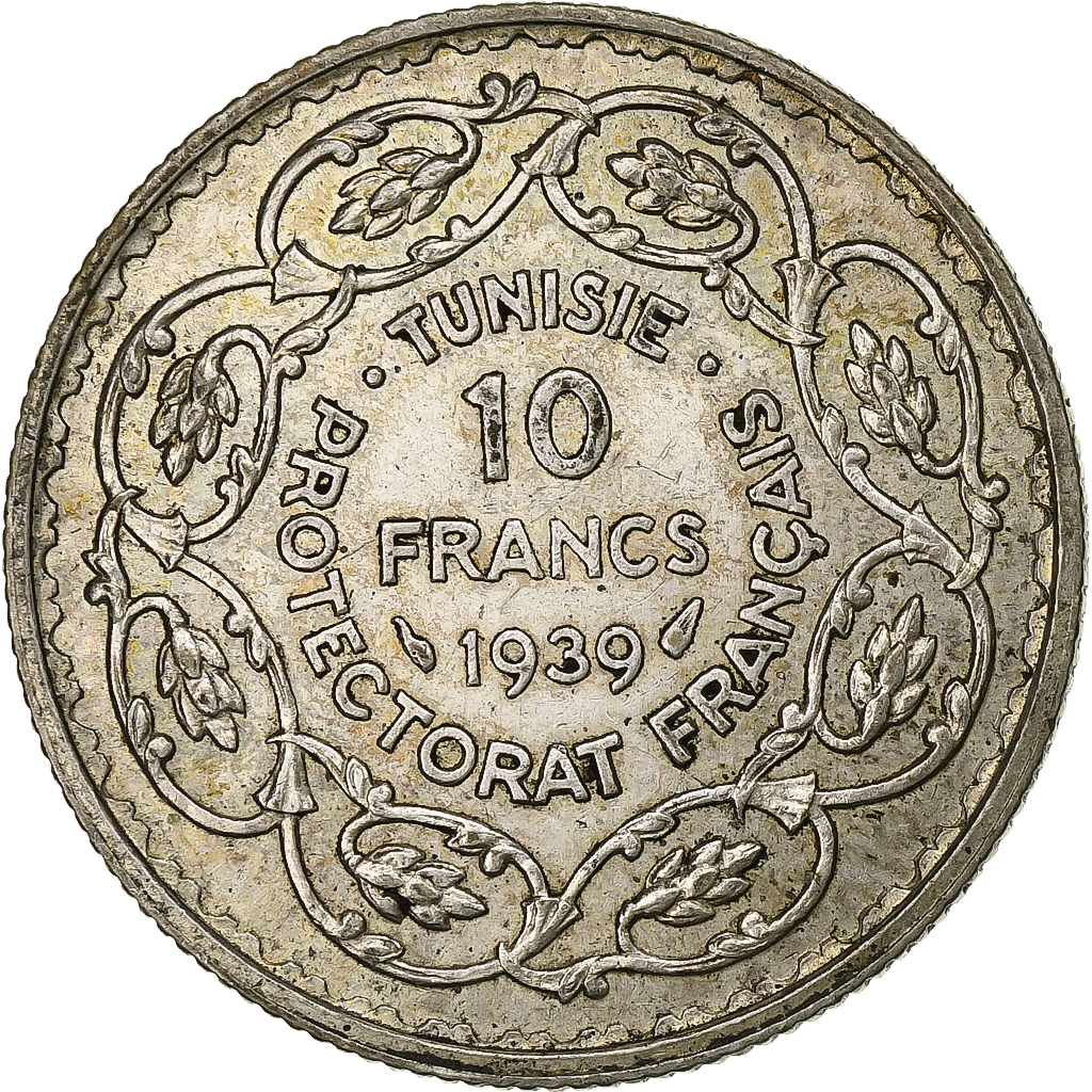 Tunisia, French protectorate, Ahmad Pasha Bey, 10 Francs, AH 1358/1939, Paris
