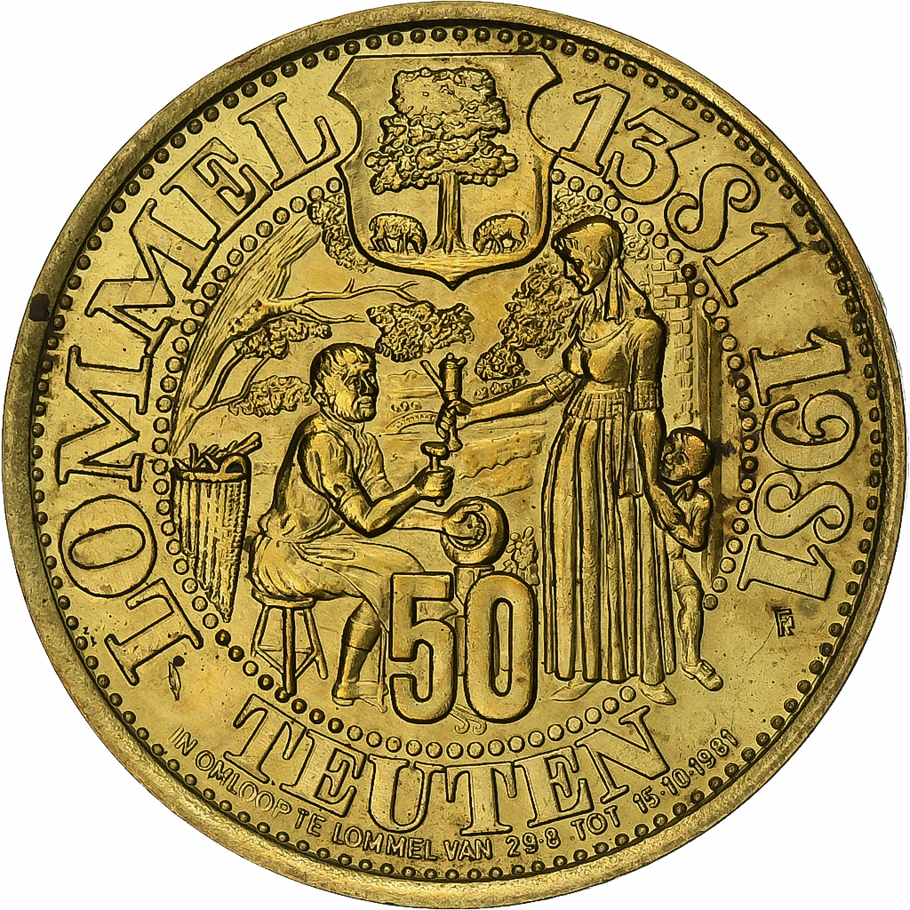 Belgium, Token, 50 Teuten - Lommel, 1981, Brass plated steel, EF