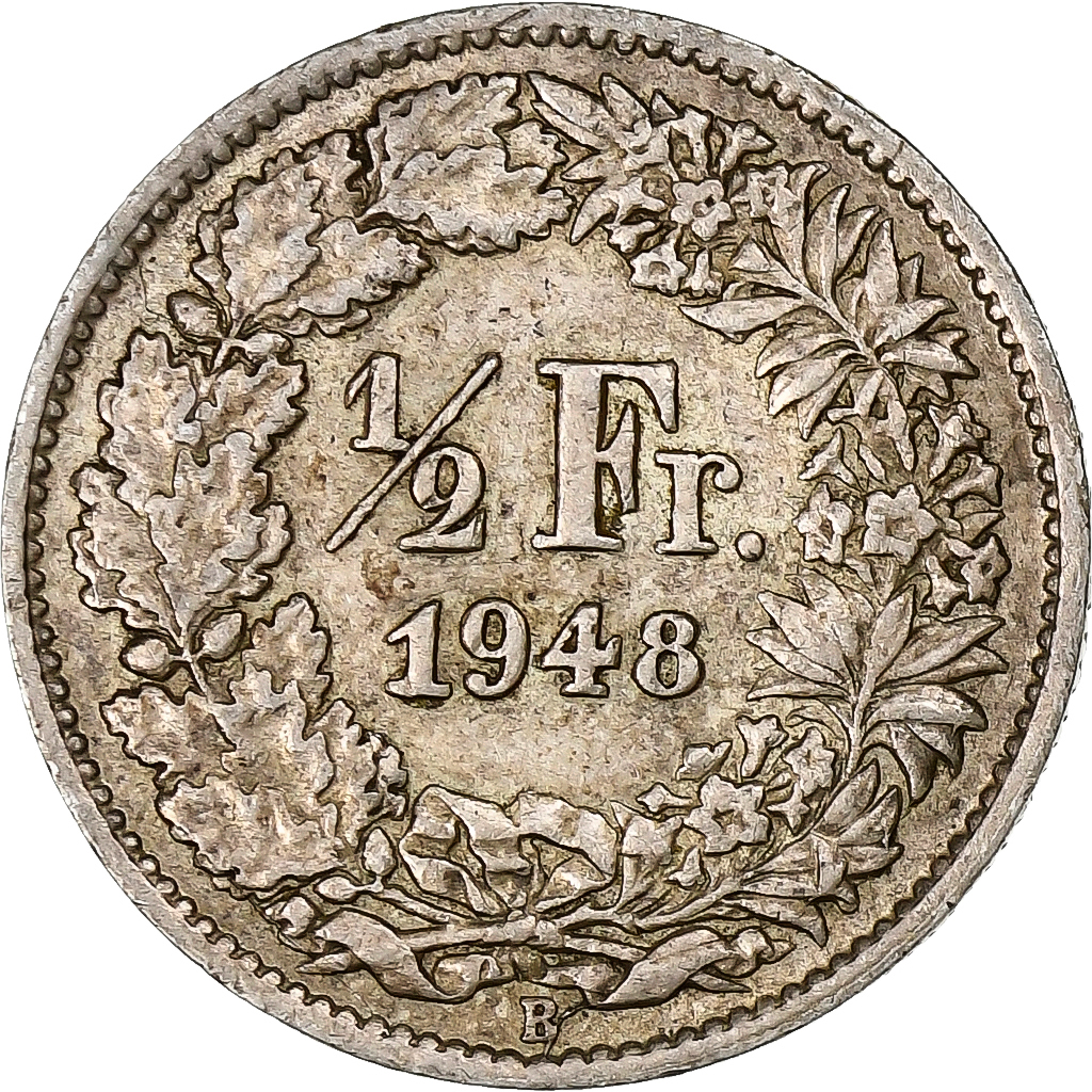 Switzerland, 1/2 Franc, Helvetia, 1948, Bern, Silver, , KM:23
