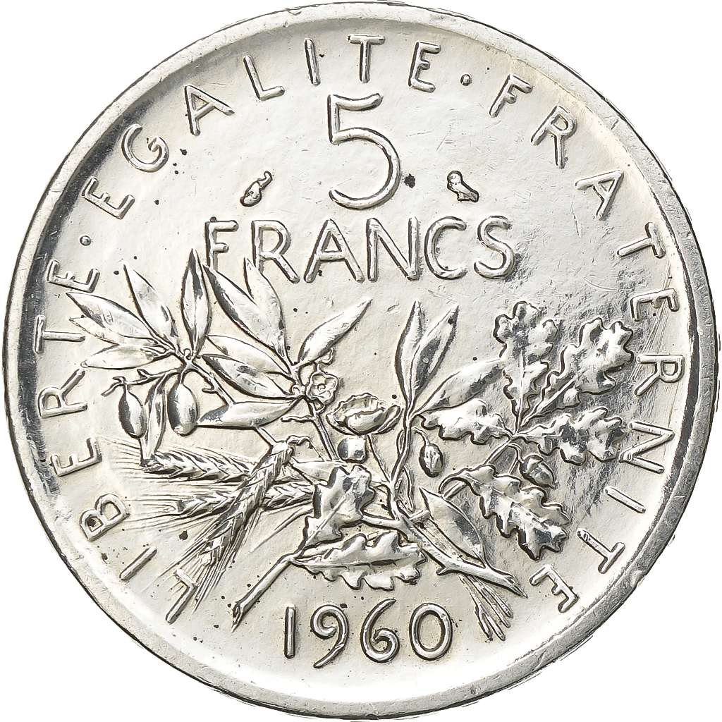 France, 5 Francs, Semeuse, 1960, Paris, Silver, MS, Gadoury:770, KM:926