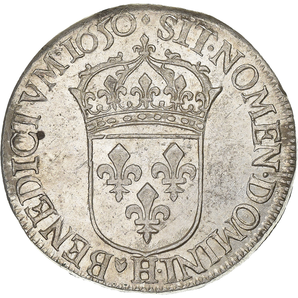 France, Louis XIV, 1/2 Écu à la mèche longue, 1650, La Rochelle, Silver