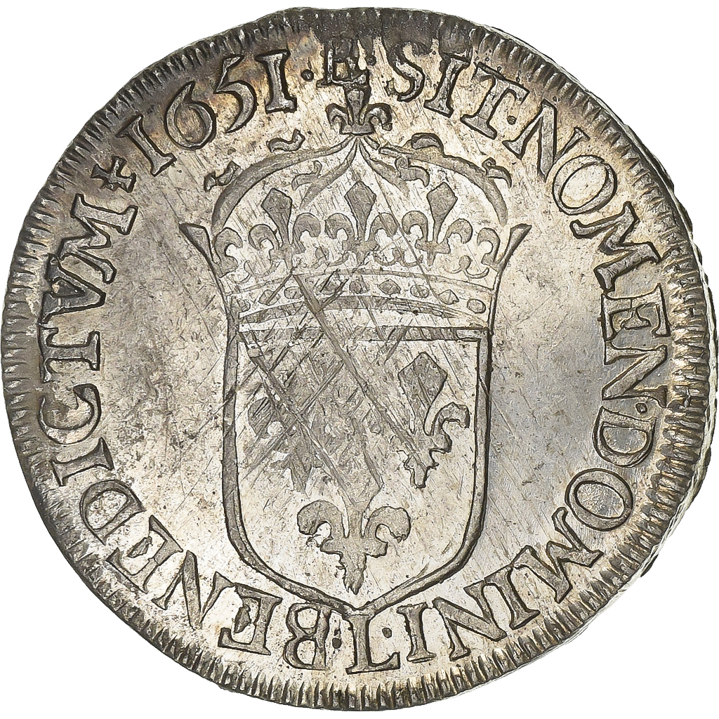 France, Louis XIV, 1/2 Écu à la mèche longue, 1651, Bayonne, Silver