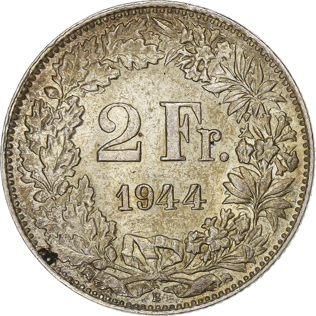 Switzerland, 2 Francs, Helvetia, 1944, Bern, Silver, , KM:21