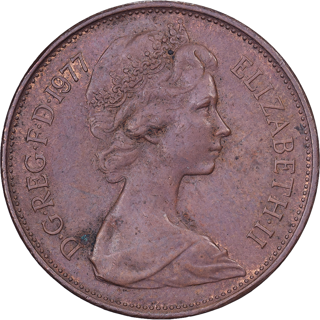 Great Britain, Elizabeth II, 2 New Pence, 1977, Bronze, , KM:916