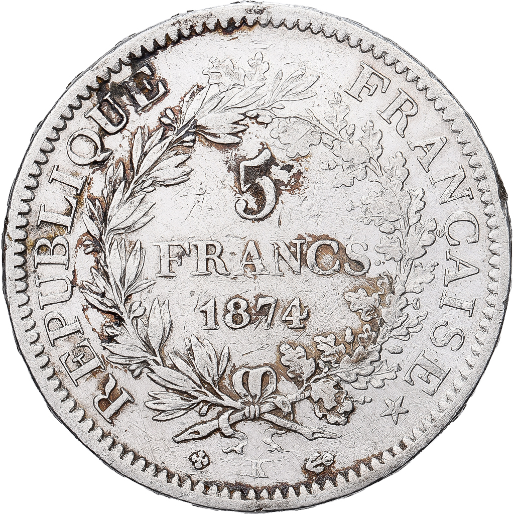 France, 5 Francs, Hercule, 1874, Bordeaux, Silver, EF, Gadoury:745a