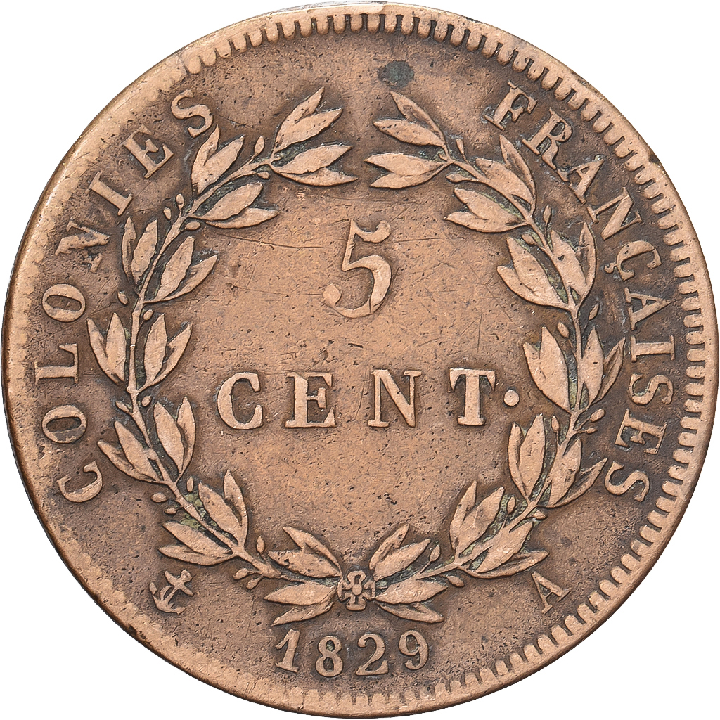 French Colonies, Charles X, 5 Centimes, 1829, Paris, Bronze, EF