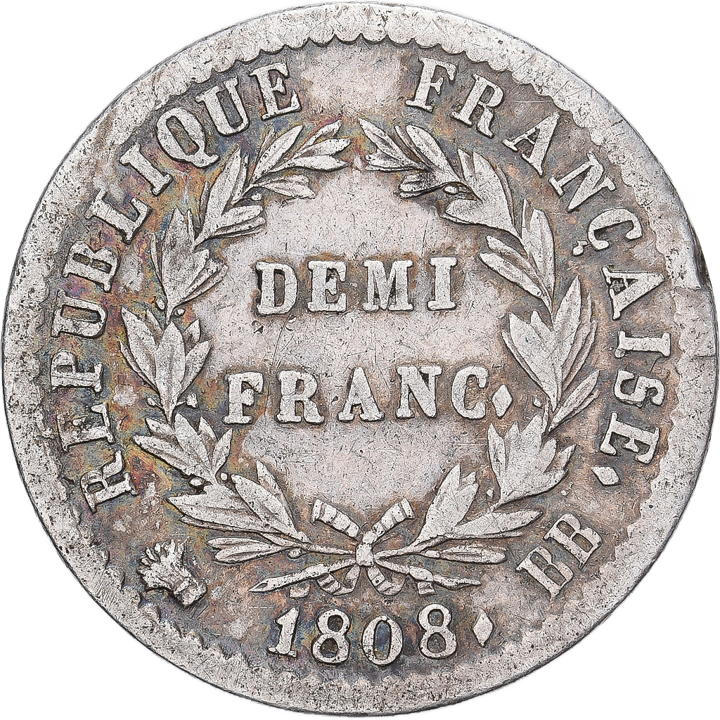 France, Napoleon I, 1/2 Franc, 1808, Strasbourg, Silver, EF, Gadoury:398