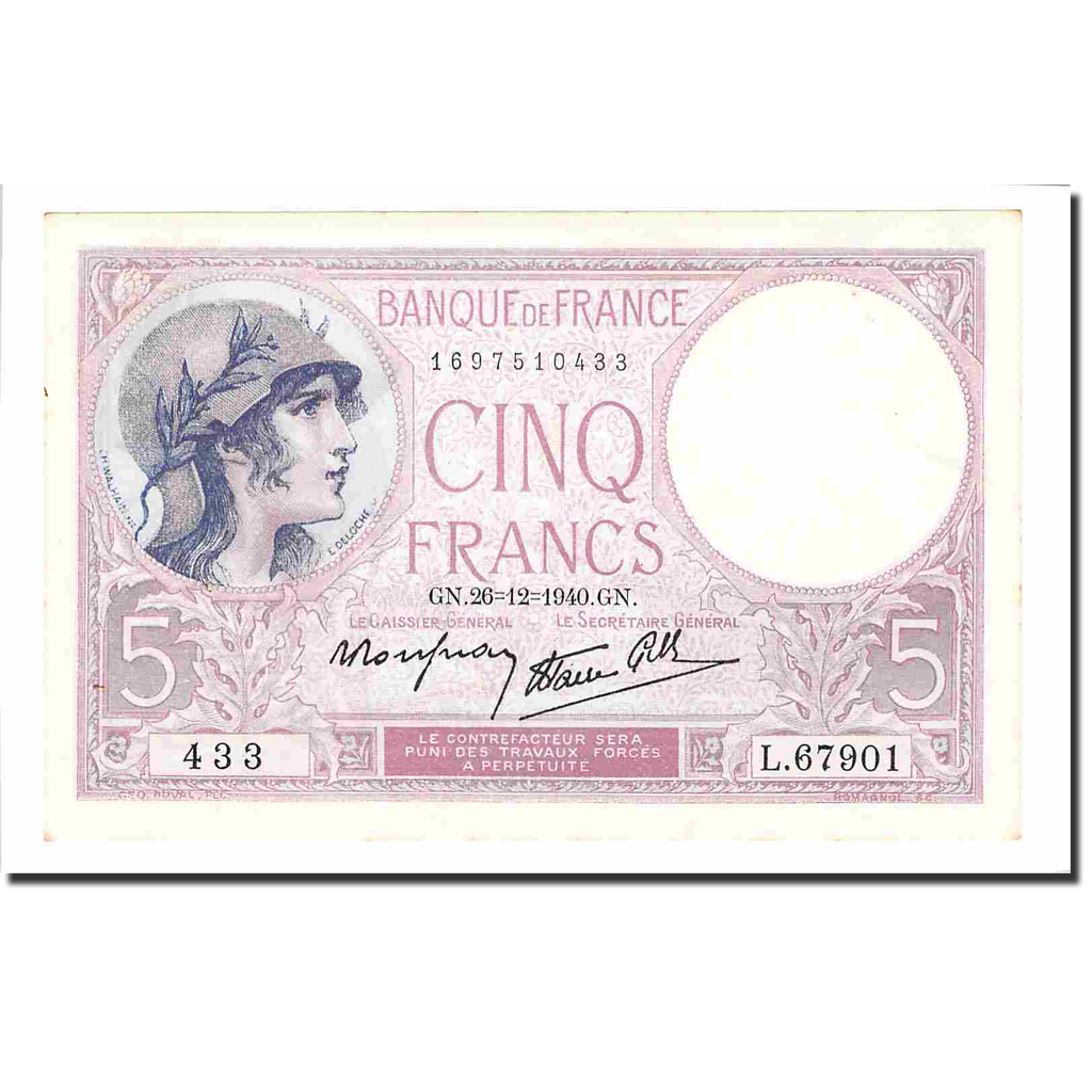 France, 5 Francs, Violet, 1940, 1940-12-26, UNC(63), Fayette:4.18, KM:83