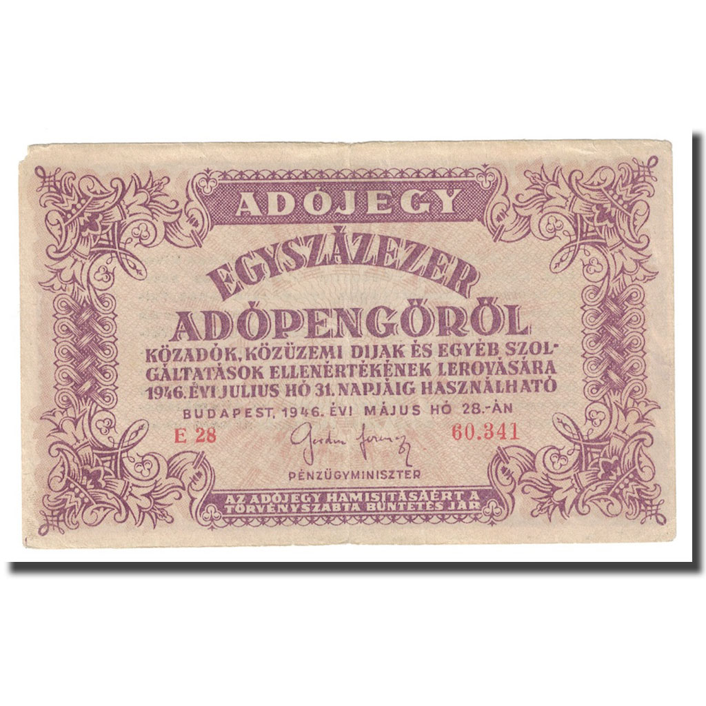 Billete, 100,000 (Egyszázezer) Adópengö, 1946, Hungría, 1946-05-28, KM:144a