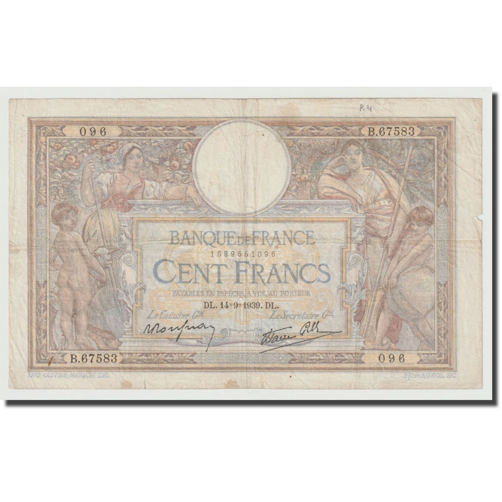 Frankrijk, 100 Francs, Luc Olivier Merson, 1939, 1939-09-14, TB+, Fayette:25.49