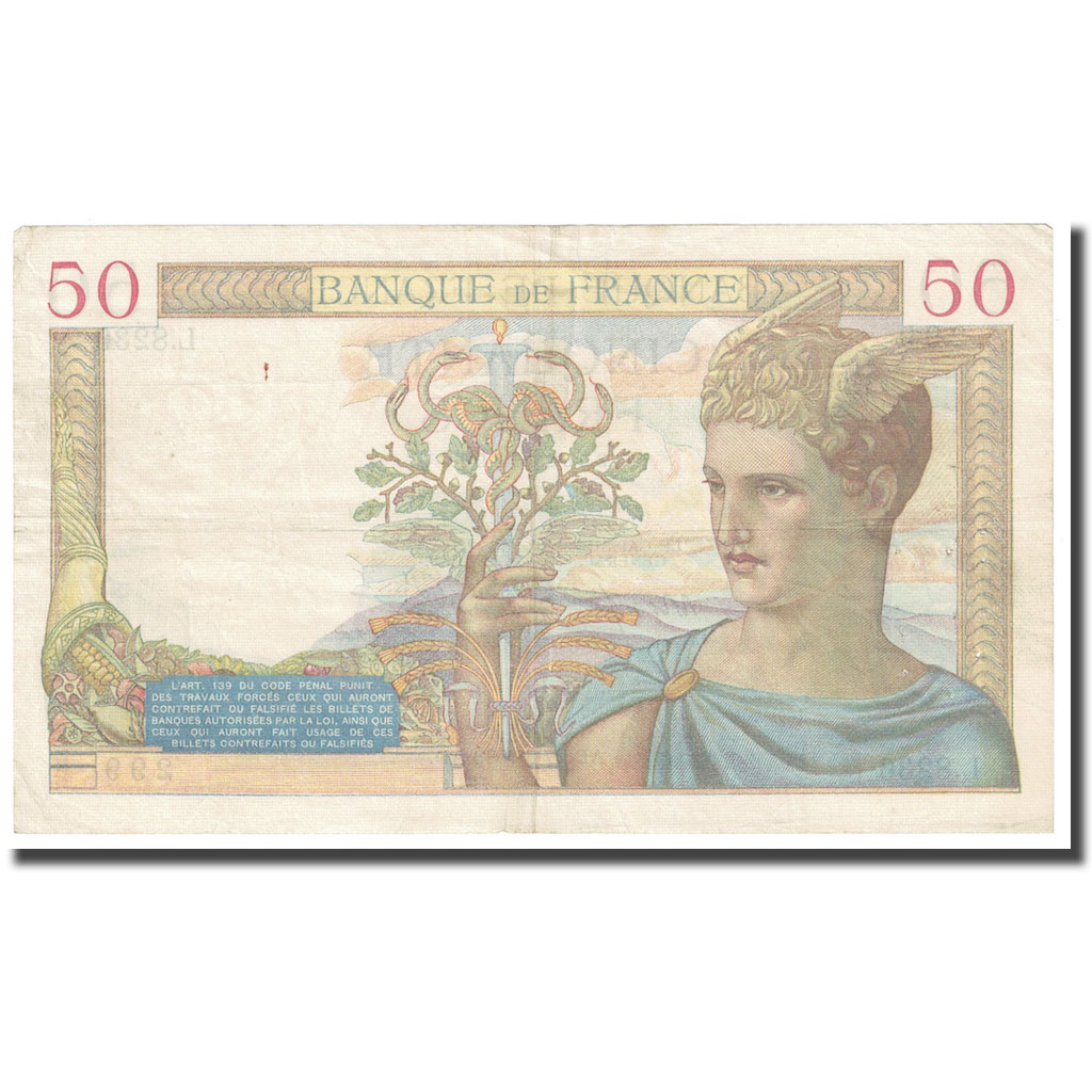 France, 50 Francs, Cérès, 1938, 1938-05-27, EF(40-45), Fayette:18.13, KM:85b