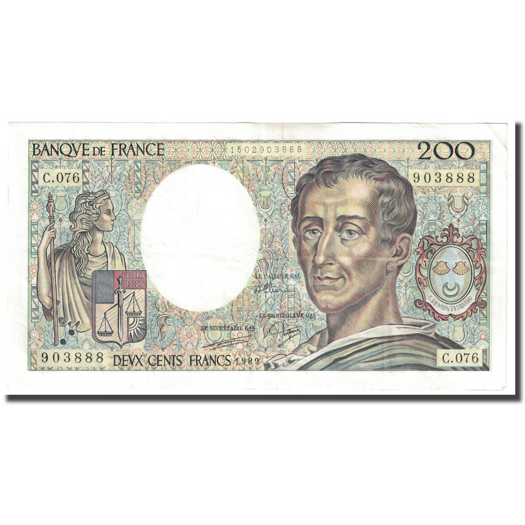 France, 200 Francs, Montesquieu, 1989, AU(55-58), Fayette:70.9, KM:155c