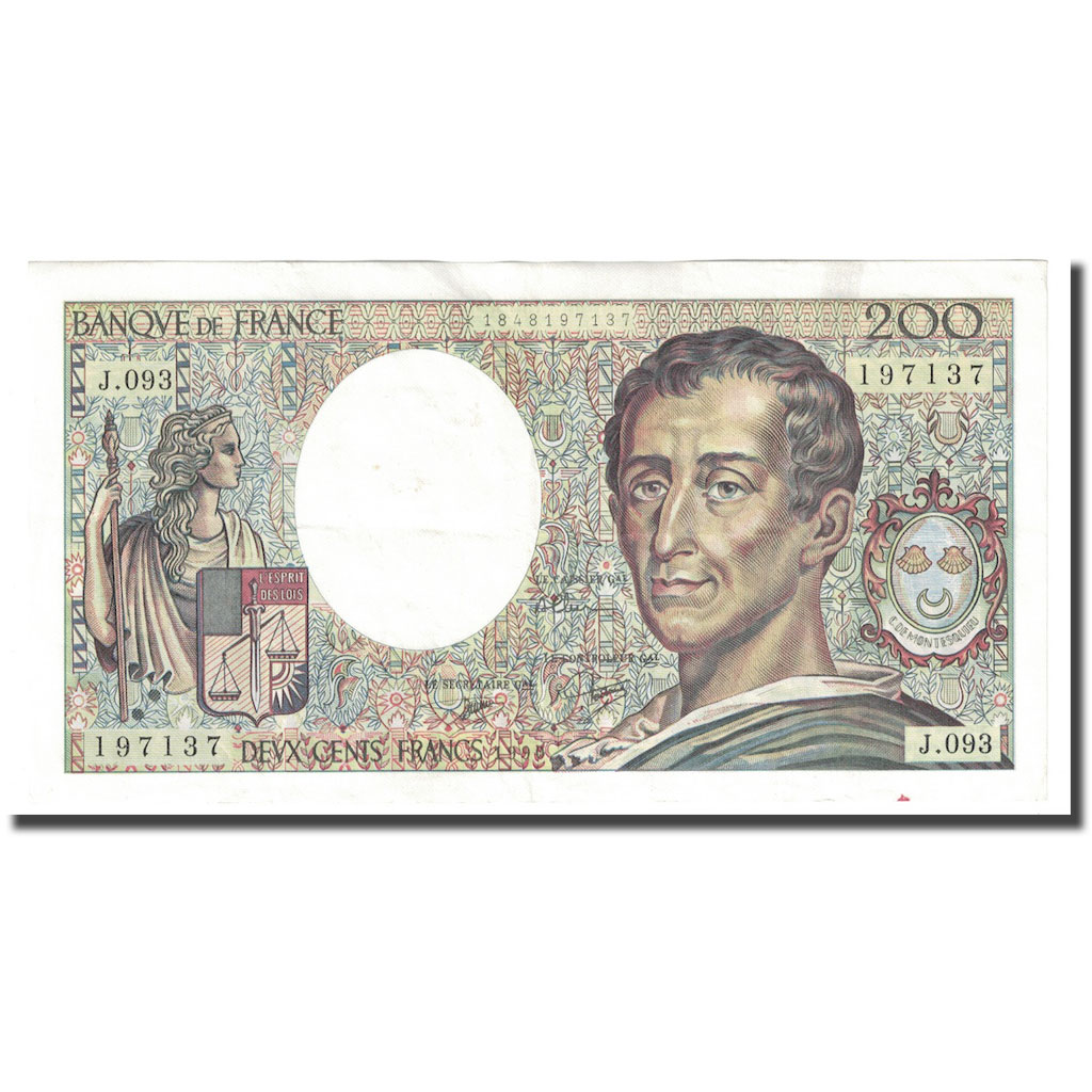 France, 200 Francs, Montesquieu, 1990, AU(55-58), Fayette:70.10b, KM:155d