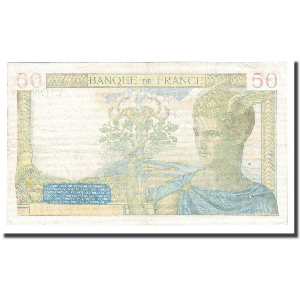 France, 50 Francs, Cérès, 1939, 1939-12-21, EF(40-45), Fayette:18.36, KM:85b