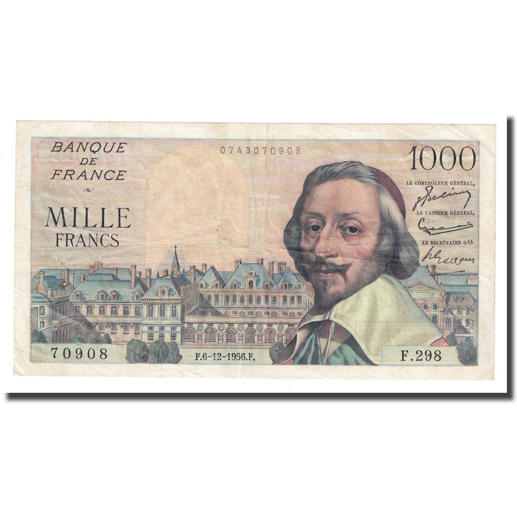 France, 1000 Francs, Richelieu, 1956, 1956-12-06, AU(50-53), Fayette:42.24