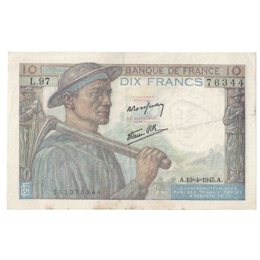 France, 10 Francs, Mineur, 1945, 1945-04-19, AU(50-53), Fayette:8.13, KM:99b