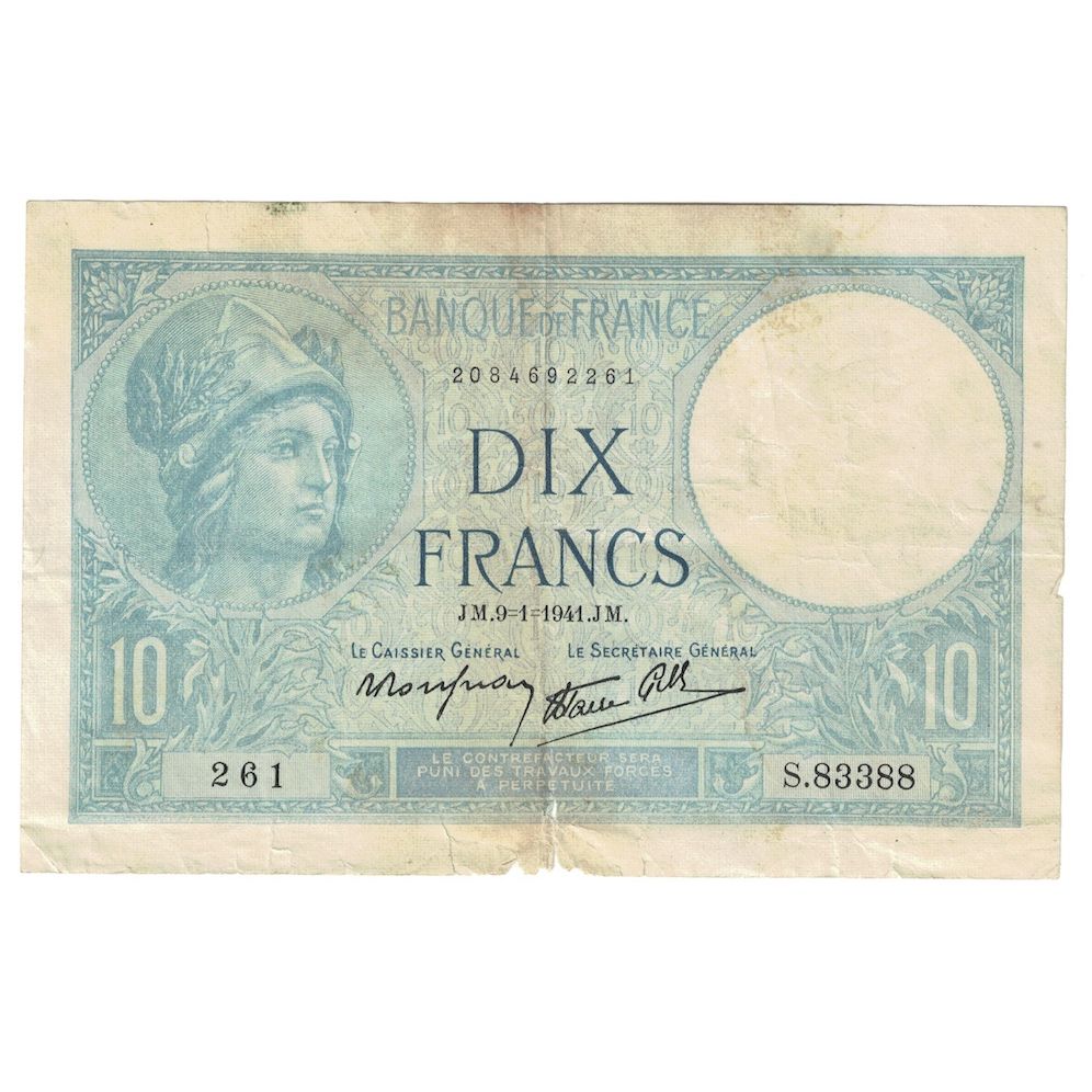 France, 10 Francs, Minerve, 1941, 1941-01-09, VF(30-35), Fayette:7.27, KM:84