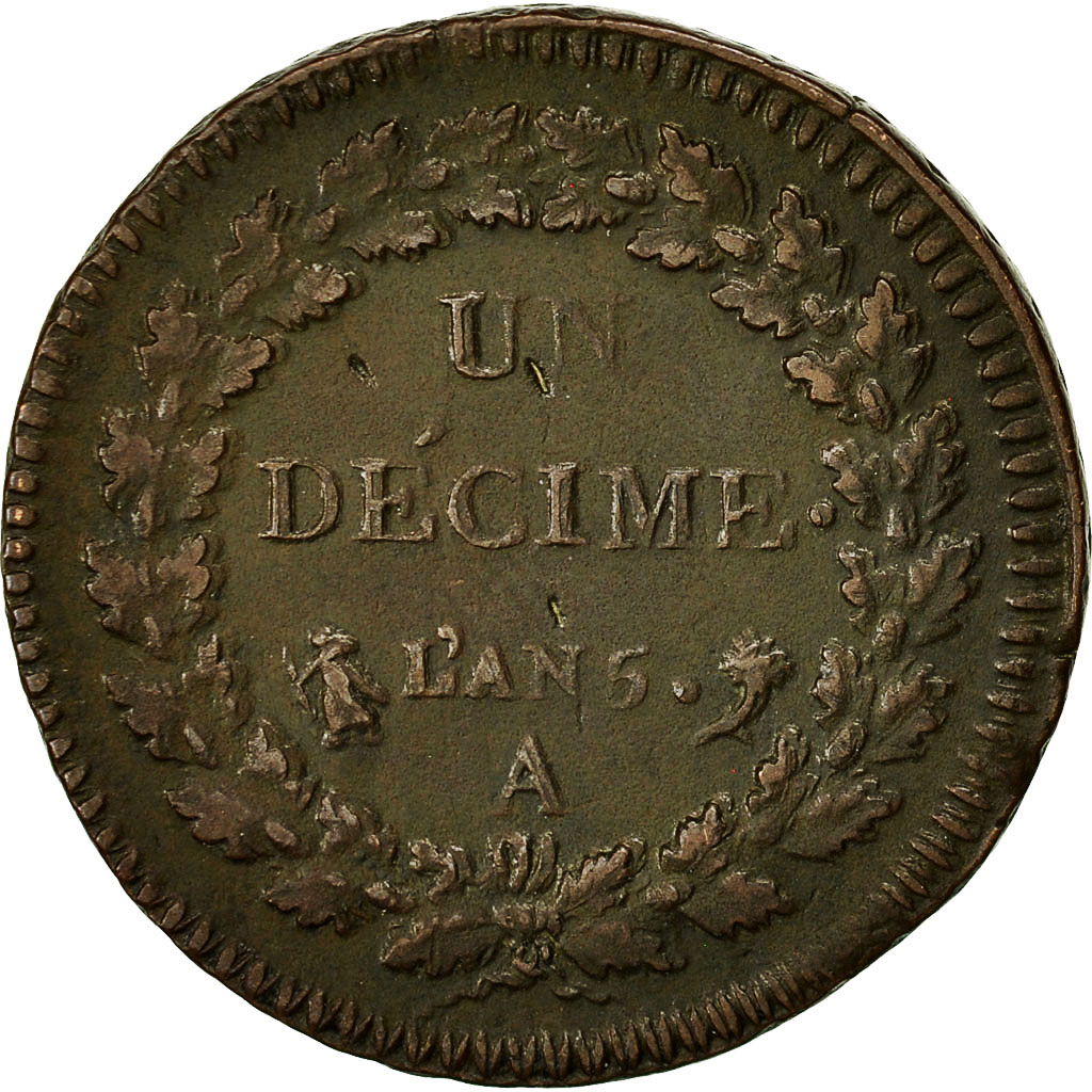 Munten, Frankrijk, Dupré, Decime, 1796, Paris, ZF, Bronze, KM:644.1
