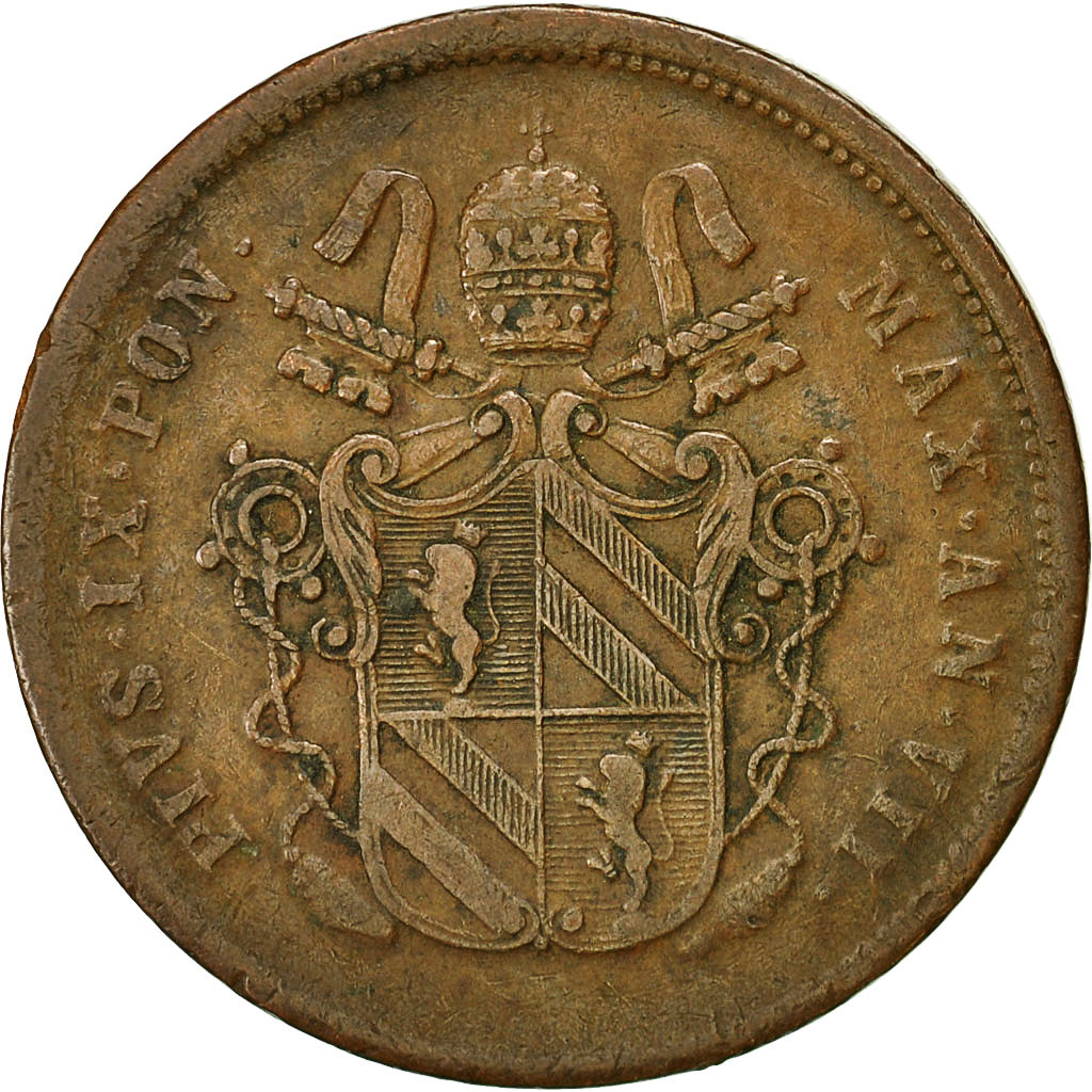 Coin, ITALIAN STATES, PAPAL STATES, Pius IX, 2 Baiocchi, Muraiola, 1853