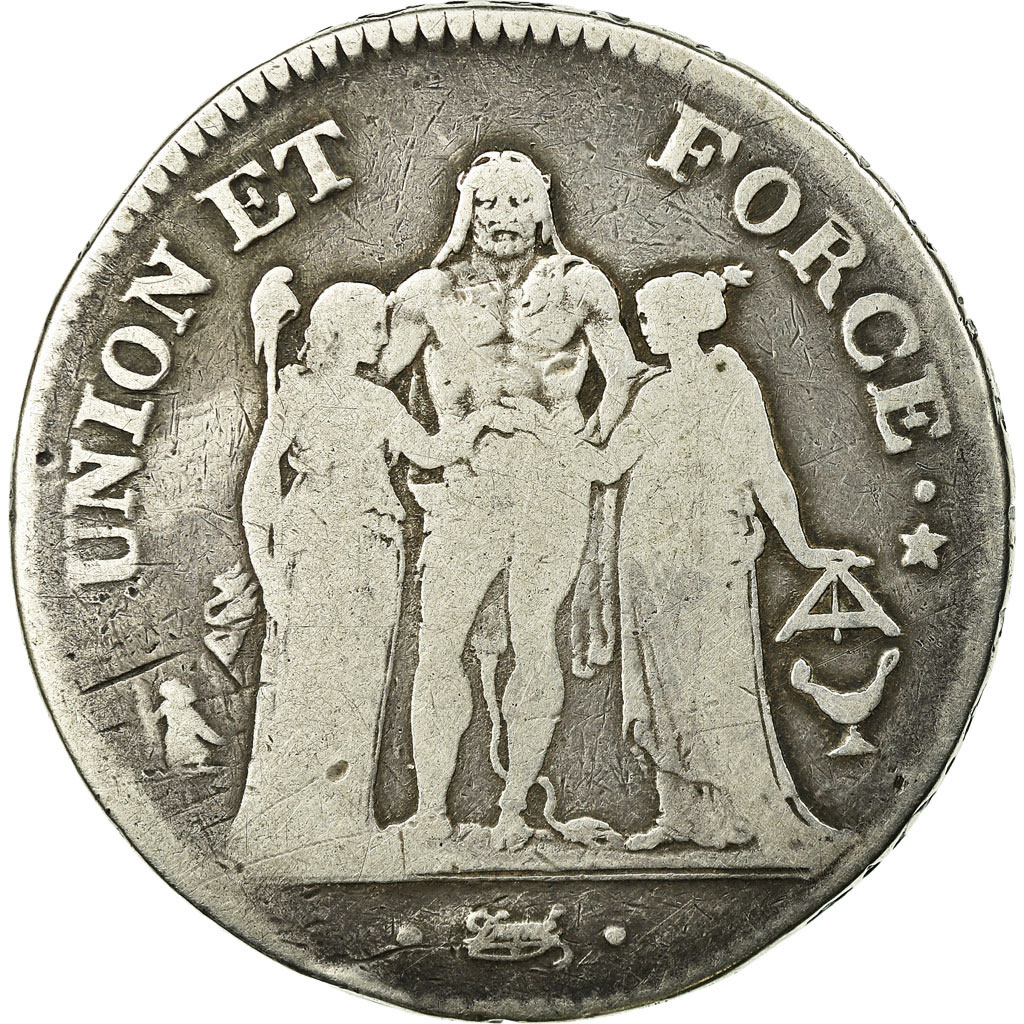 Coin, France, Union et Force, 5 Francs, AN 6/5/4, Bordeaux, Rare, 