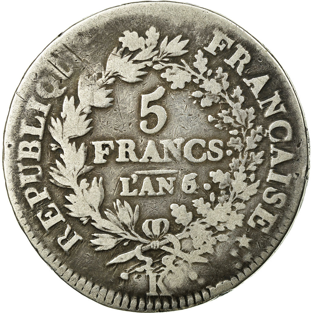 Coin, France, Union et Force, 5 Francs, AN 6/5/4, Bordeaux, Rare, 