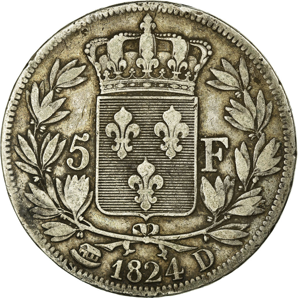 Coin, France, Louis XVIII, 5 Francs, 1824, Lyon, , Silver, KM:711.4