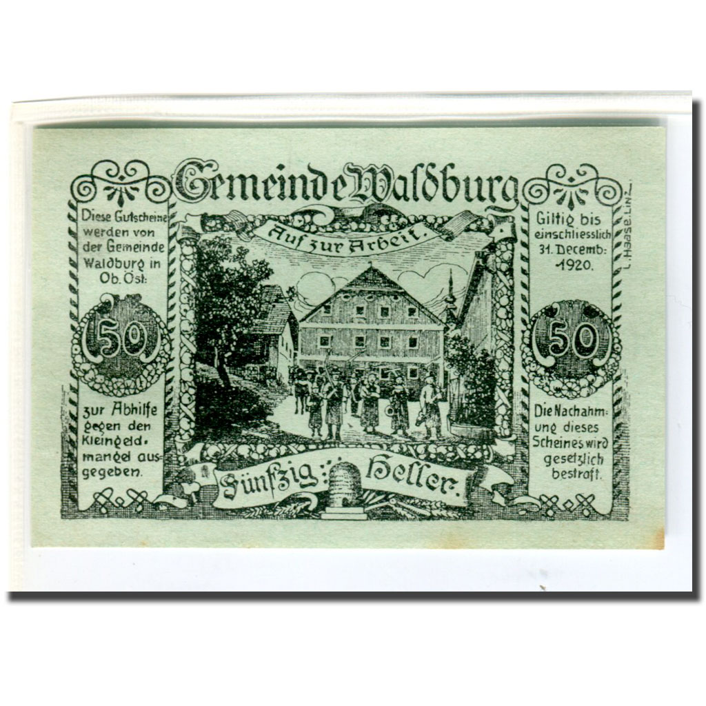 [#661907] Banknote, Austria, Waldburg O.Ö. Gemeinde, 50 Heller, paysage 2, 1920