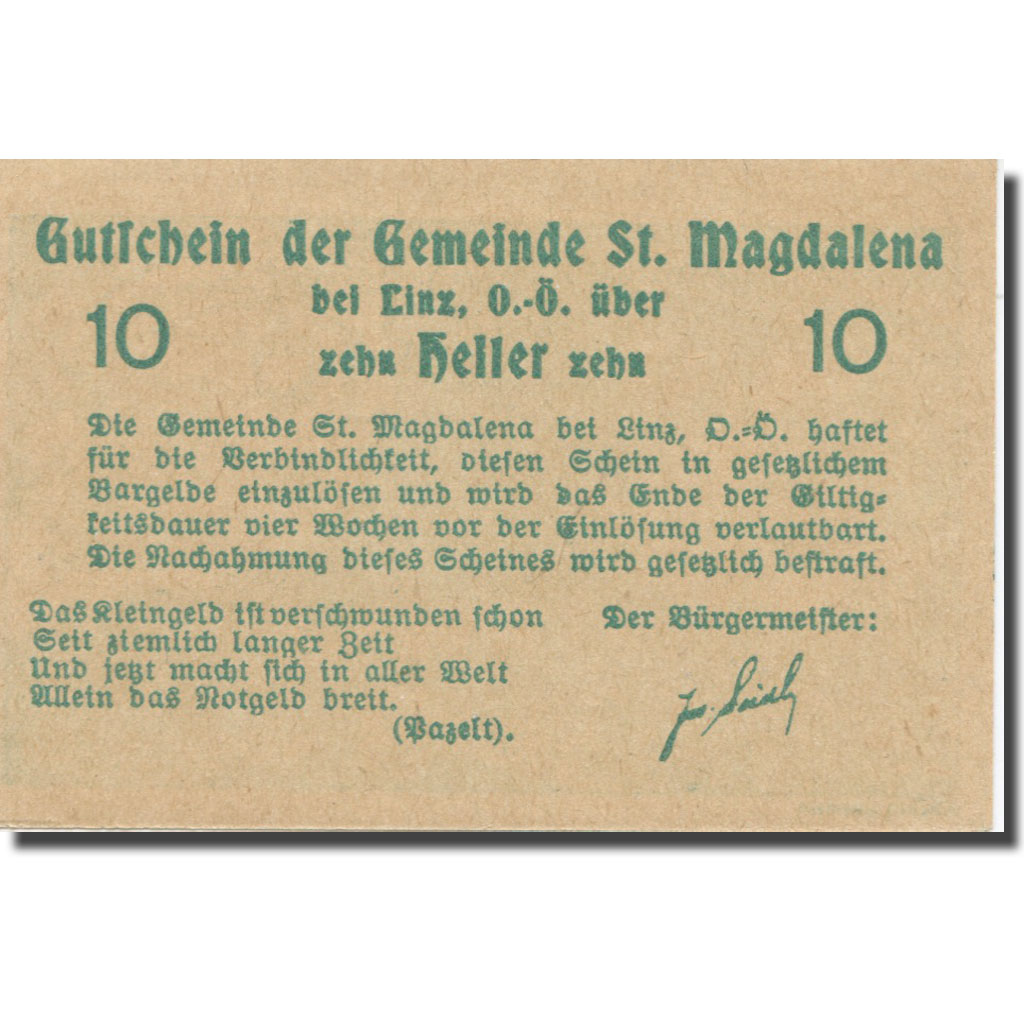 Billete, Austria, St. Magdalena Bei Linz, O.Ö., Gemeinde, 10 Heller, Texte
